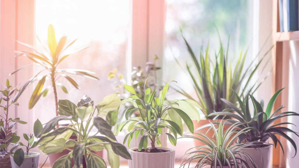 A bright scene of various houseplants placed in front of a sunny window with a grow light above them. The plants should look healthy and vibrant, with rays of sunlight highlighting them. Include a soft glow to convey a nurturing atmosphere.