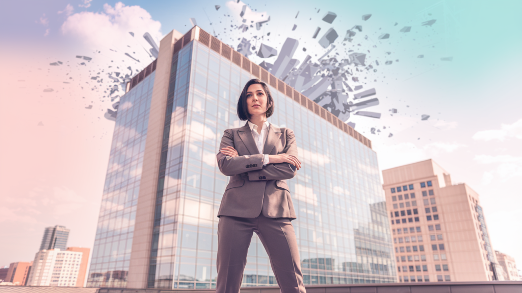 Confident woman breaking down barriers to symbolize entrepreneurship for women."