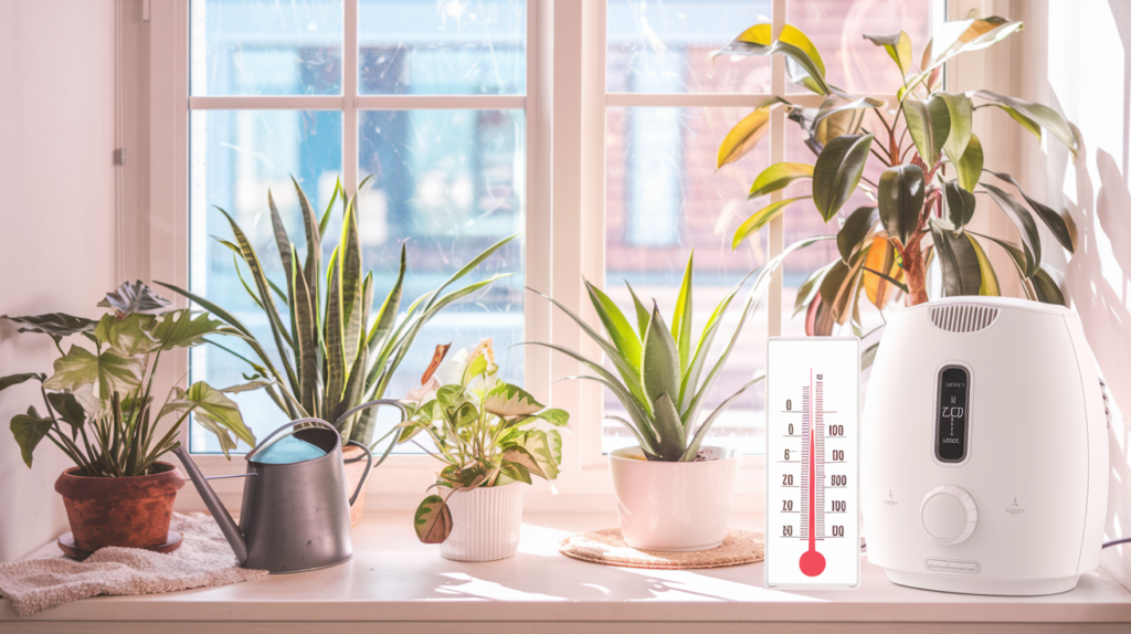 Indoor plants arranged comfortably away from a window with a blanket over the sill to block drafts. Include a visible curtain and thermometer reading between 65-75°F. The plants should look protected and cozy, emphasizing warmth and insulation.