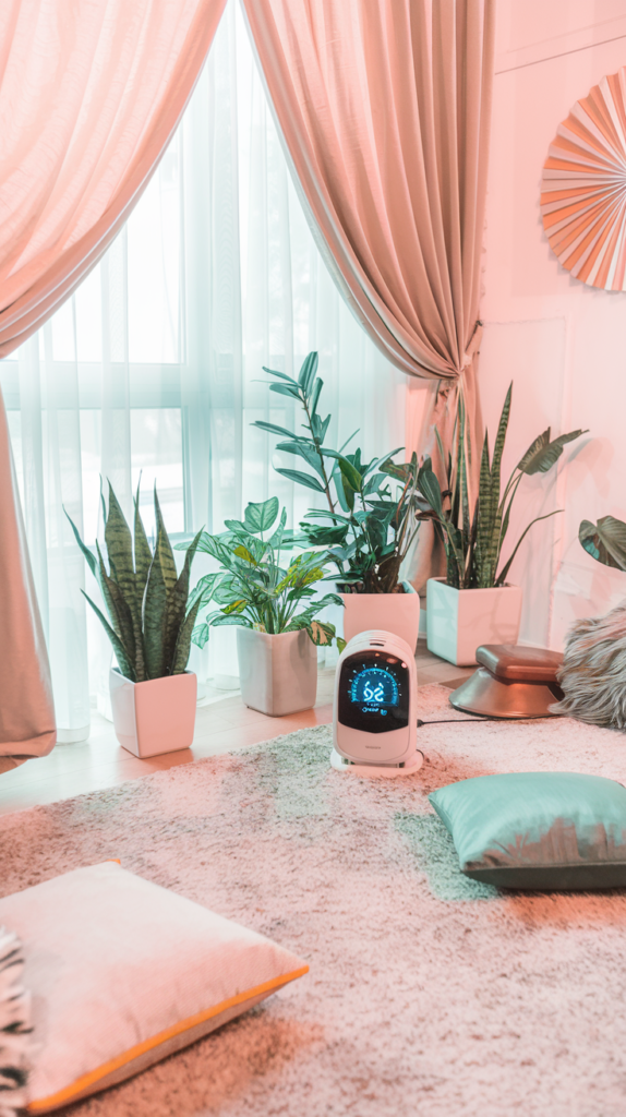 A cozy living room scene with a group of houseplants kept away from a window, with insulating curtains and a small space heater in view (but not directly next to plants). Show a thermometer displaying a stable temperature. The goal is to convey comfort and protection.