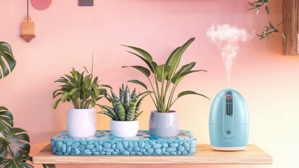A group of indoor plants on a pebble tray with water, next to a small humidifier. Add gentle mist rising from the humidifier to illustrate humidity maintenance. The scene should be cozy, with wooden shelves or a warm-colored background for visual comfort.