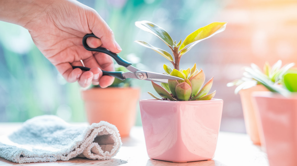 A hand holding a pair of small pruning scissors, trimming a yellow leaf from a potted plant. Include a soft cloth nearby for dusting. The image should convey gentle, nurturing care, with light shining on the plant to symbolize health and cleanliness.