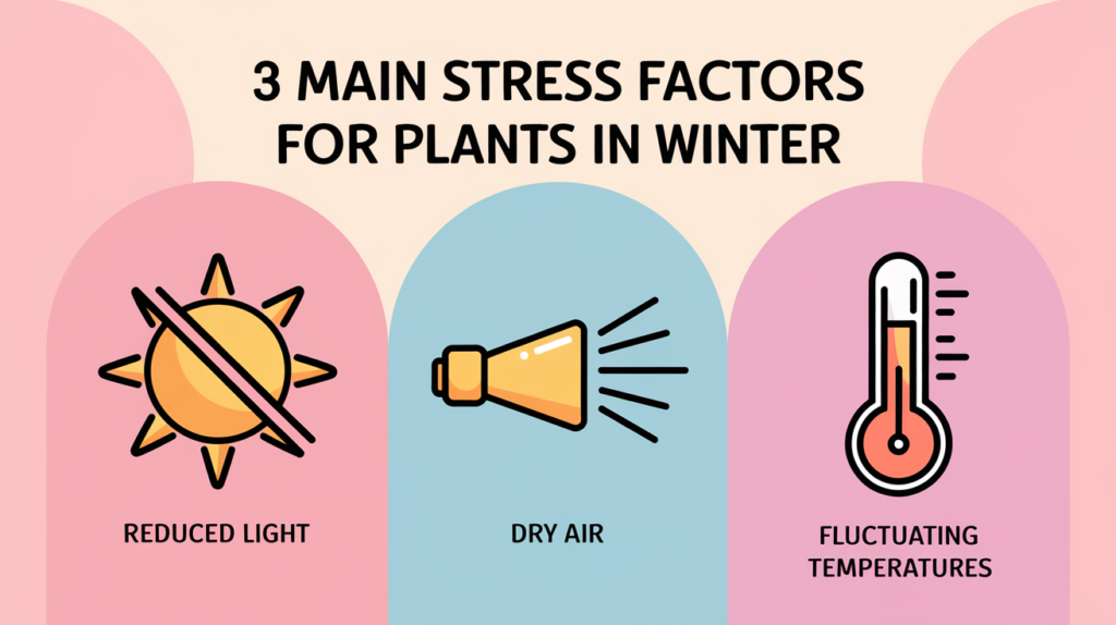 An infographic showing icons for the three main stress factors for plants in winter: a sun symbol with a slash for reduced light, a heater blowing air for dry air, and a thermometer for fluctuating temperatures. Use a light, pastel color palette to make it engaging for social media.