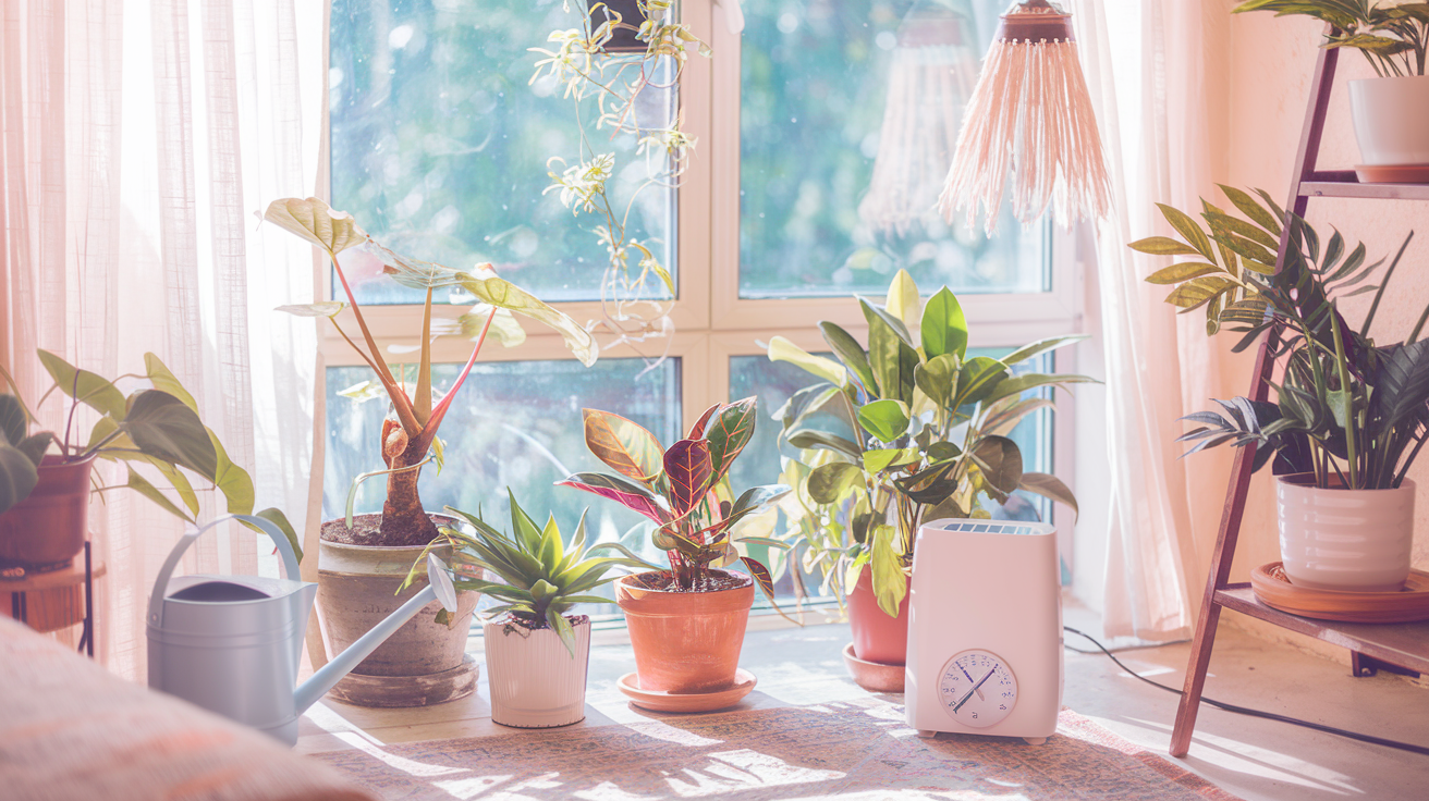 A cozy indoor setting with several types of houseplants near a window, with visible sunlight streaming in. Include a watering can, a humidifier, and a thermometer showing room temperature. The scene should convey warmth and care for plants during winter.