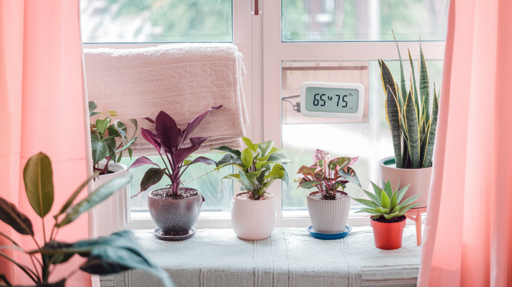Indoor plants arranged comfortably away from a window with a blanket over the sill to block drafts. Include a visible curtain and thermometer reading between 65-75°F. The plants should look protected and cozy, emphasizing warmth and insulation.
