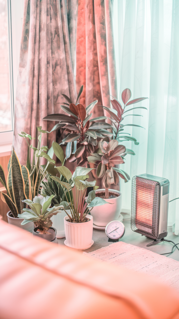 A cozy living room scene with a group of houseplants kept away from a window, with insulating curtains and a small space heater in view (but not directly next to plants). Show a thermometer displaying a stable temperature. The goal is to convey comfort and protection.