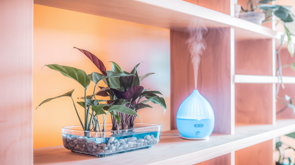A group of indoor plants on a pebble tray with water, next to a small humidifier. Add gentle mist rising from the humidifier to illustrate humidity maintenance. The scene should be cozy, with wooden shelves or a warm-colored background for visual comfort.