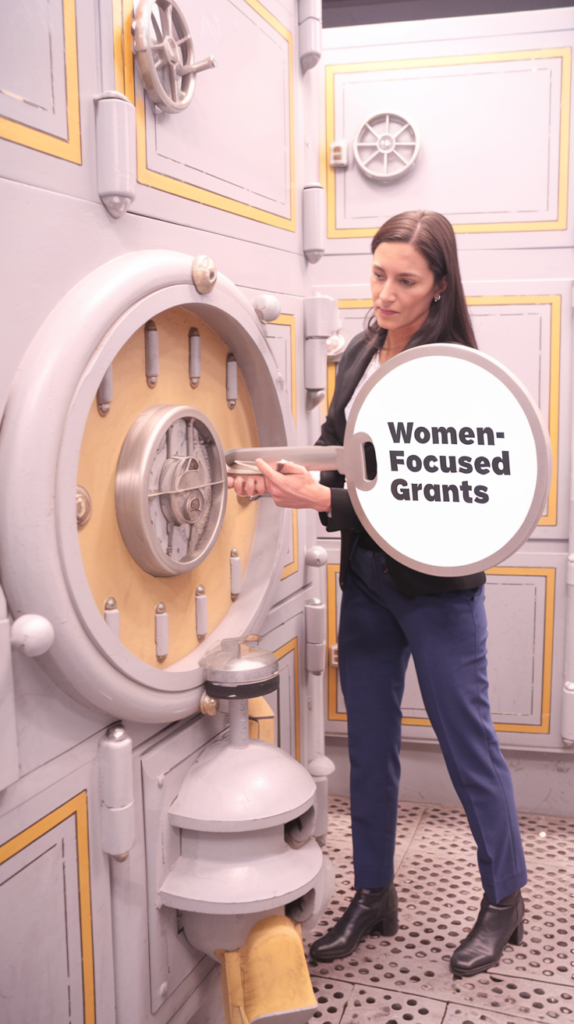 Determined woman with key labeled 'Women-Focused Grants' trying to unlock funding vault