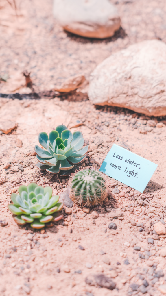 Succulents and cacti placed in bright sunlight, with soil that looks dry to the touch. Include a simple note in the image such as "Less Water, More Light." The scene should convey arid conditions and simplicity, highlighting the resilience of these plants.