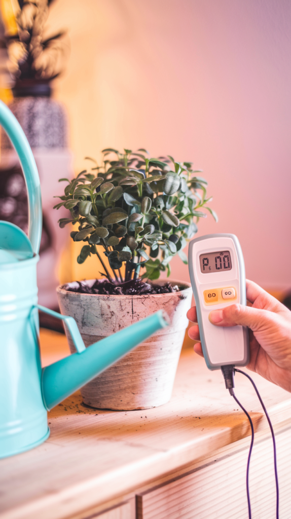 A hand holding a moisture meter next to a potted plant, indicating that the soil moisture is being checked before watering. Include a watering can nearby, and depict the scene with warm lighting to illustrate careful winter plant care.