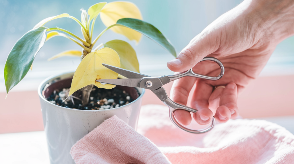 A hand holding a pair of small pruning scissors, trimming a yellow leaf from a potted plant. Include a soft cloth nearby for dusting. The image should convey gentle, nurturing care, with light shining on the plant to symbolize health and cleanliness.