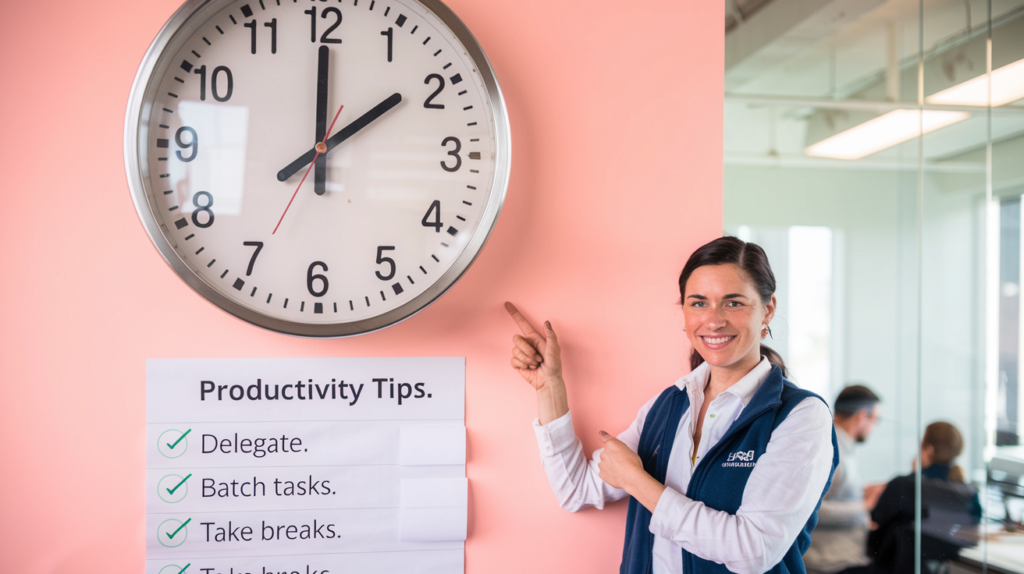 Clock with labeled segments for productivity tips and a woman pointing to different tasks