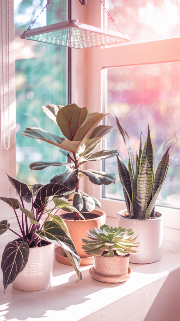 A cozy indoor setting with several types of houseplants near a window, with visible sunlight streaming in. Include a watering can, a humidifier, and a thermometer showing room temperature. The scene should convey warmth and care for plants during winter.