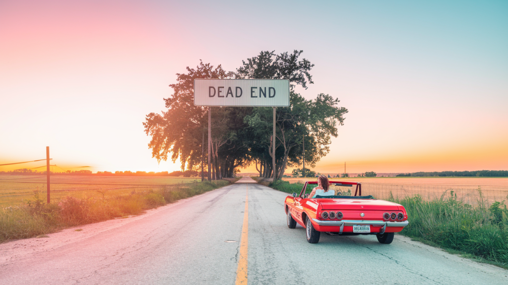 a woman driving a red convertible trying to find funding for her business encountering a dead end.