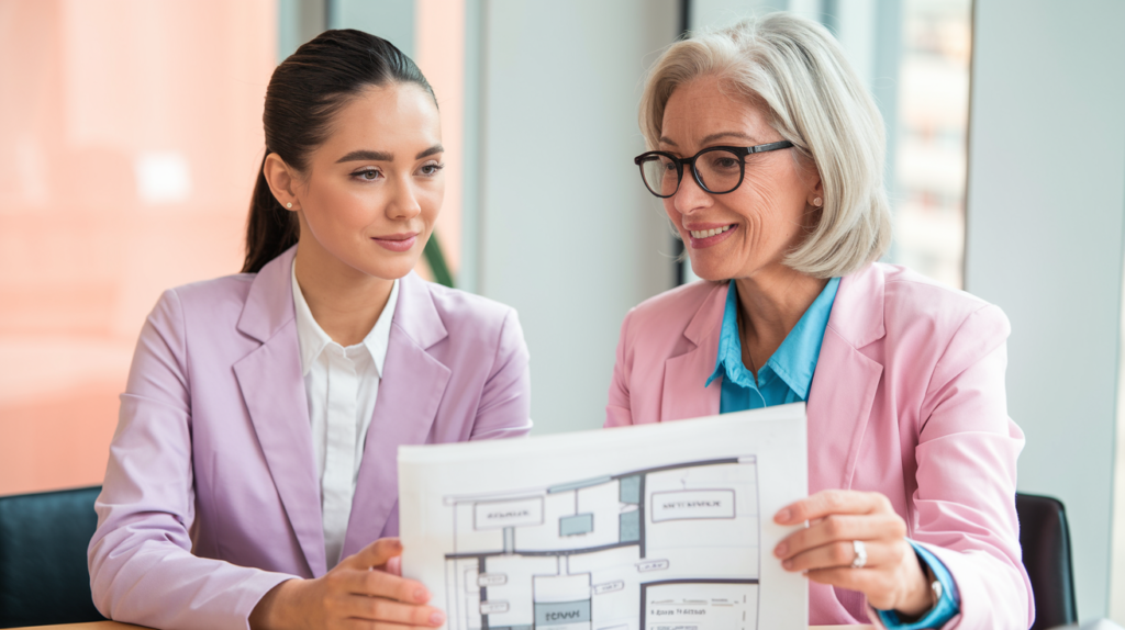 Young female entrepreneur sitting with an older mentor discussing business blueprints."