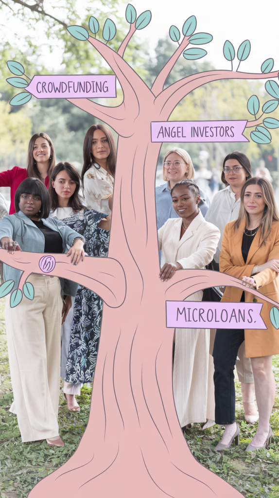 Diverse group of women picking funding options from a tree with branches labeled 'Crowdfunding' and 'Microloans'