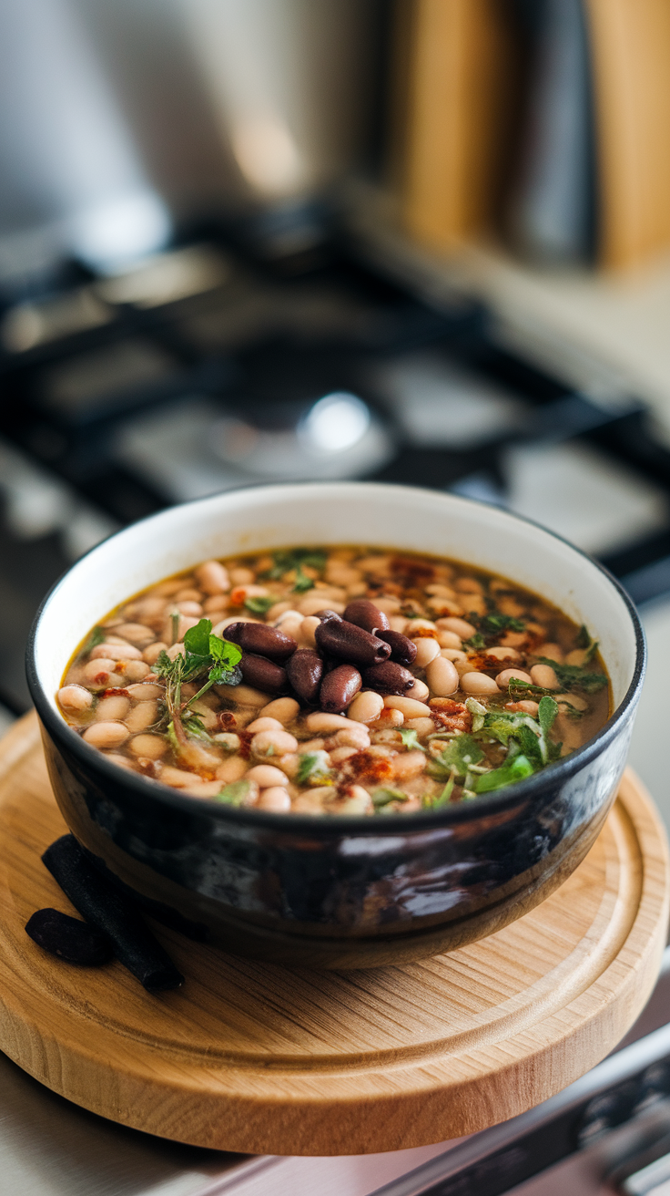 A bowl of black-eyed peas soup with herbs on a wooden surface.