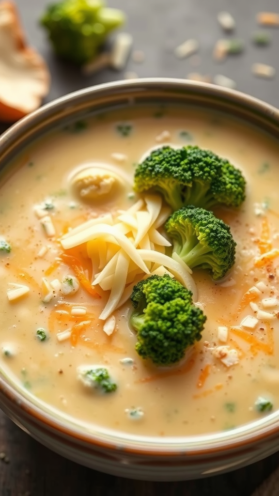 A bowl of creamy broccoli and cheese soup garnished with broccoli florets and cheese.
