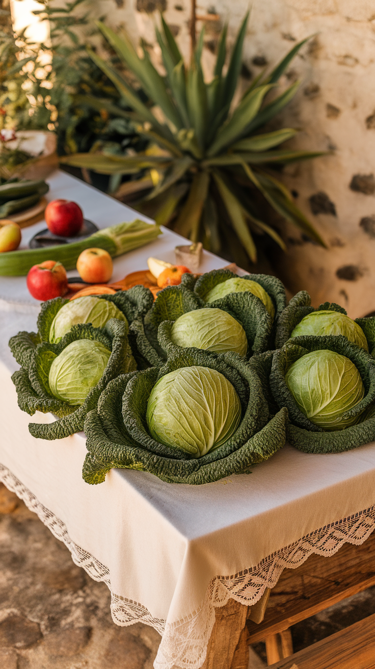 Freshly harvested cabbages on a table with apples and leeks in a rustic setting.