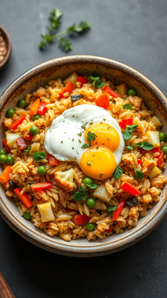 A bowl of cauliflower fried rice with vegetables and two eggs on top.