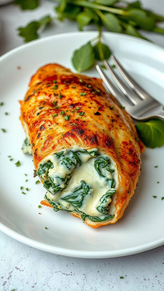 Cheesy spinach stuffed chicken on a plate with a fork