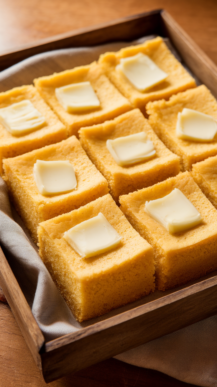A wooden tray filled with soft, golden squares of cornbread topped with a pat of butter.