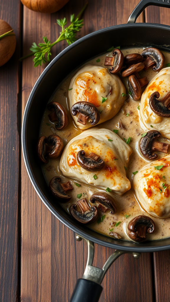 A skillet containing creamy mushroom chicken with mushrooms and herbs