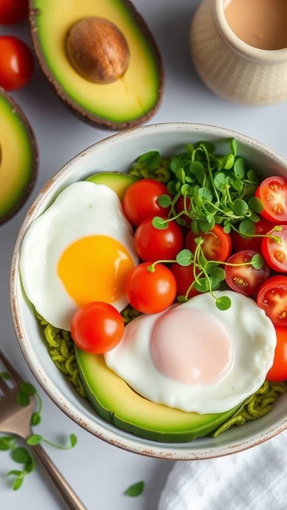 A breakfast bowl featuring fried eggs, cherry tomatoes, avocado slices, and greens, alongside a cup of coffee.