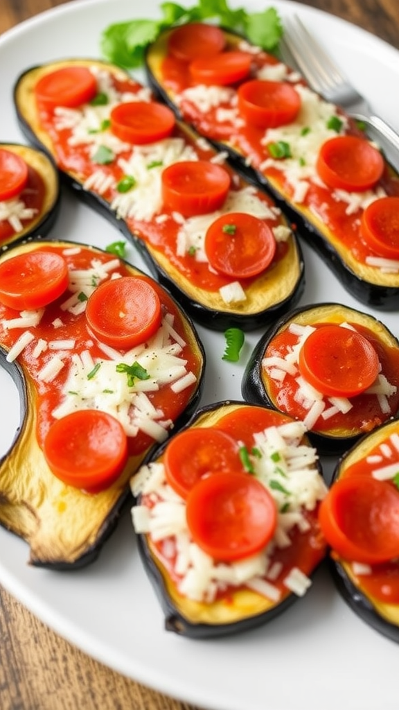 Eggplant pizza slices topped with sauce, cheese, and pepperoni on a white plate.