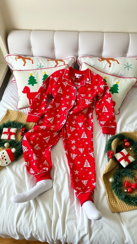 A red festive pajama set laid out on a bed with holiday-themed pillows and decorations.