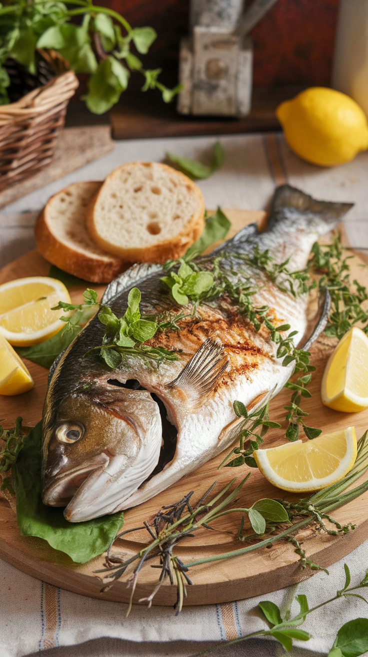 A beautifully prepared fish with herbs, lemon slices, and bread on a wooden platter.