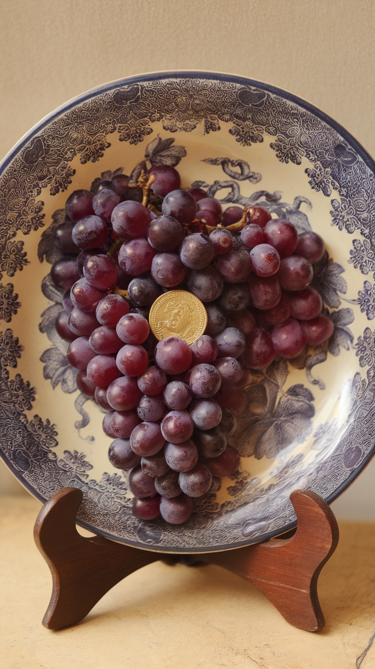 A beautiful plate of grapes with a coin on top, symbolizing good luck.