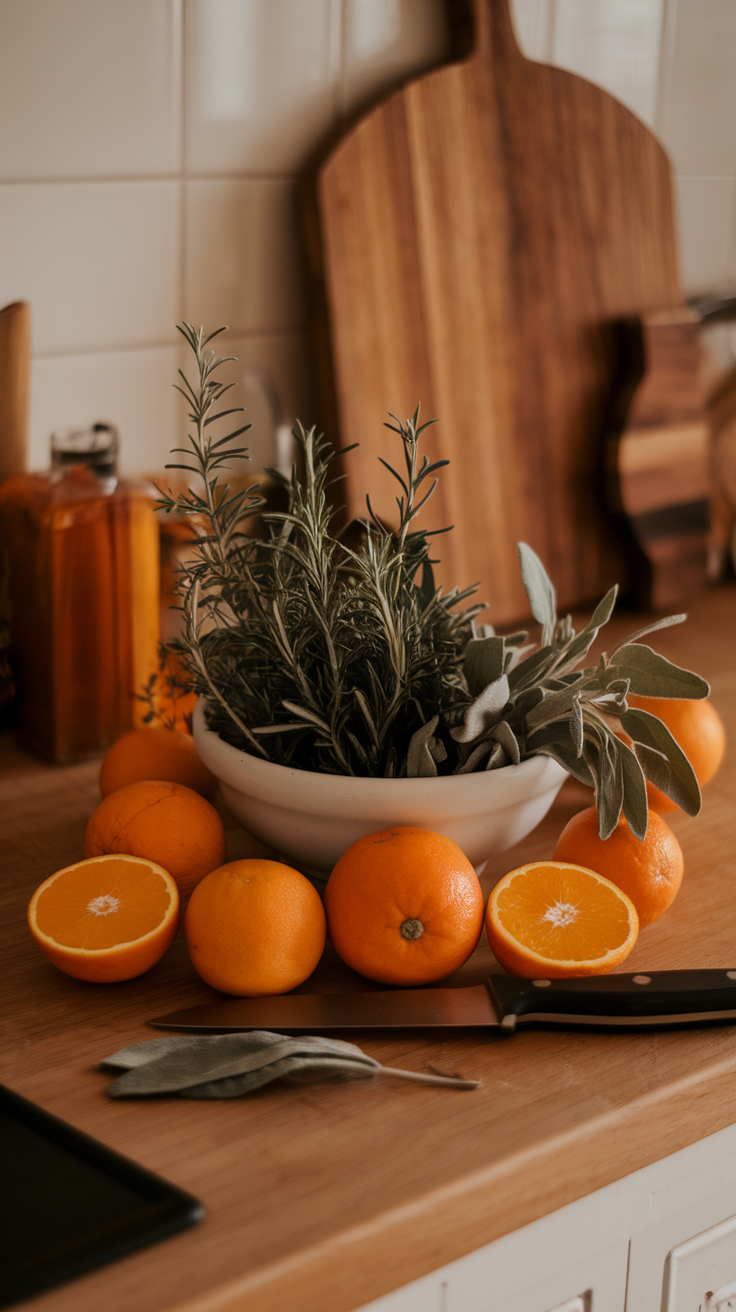 A bowl of fresh herbs including rosemary and sage, surrounded by oranges on a wooden countertop.