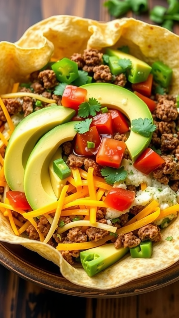 A delicious keto taco salad featuring ground beef, avocado slices, diced tomatoes, and cheese in a tortilla bowl.