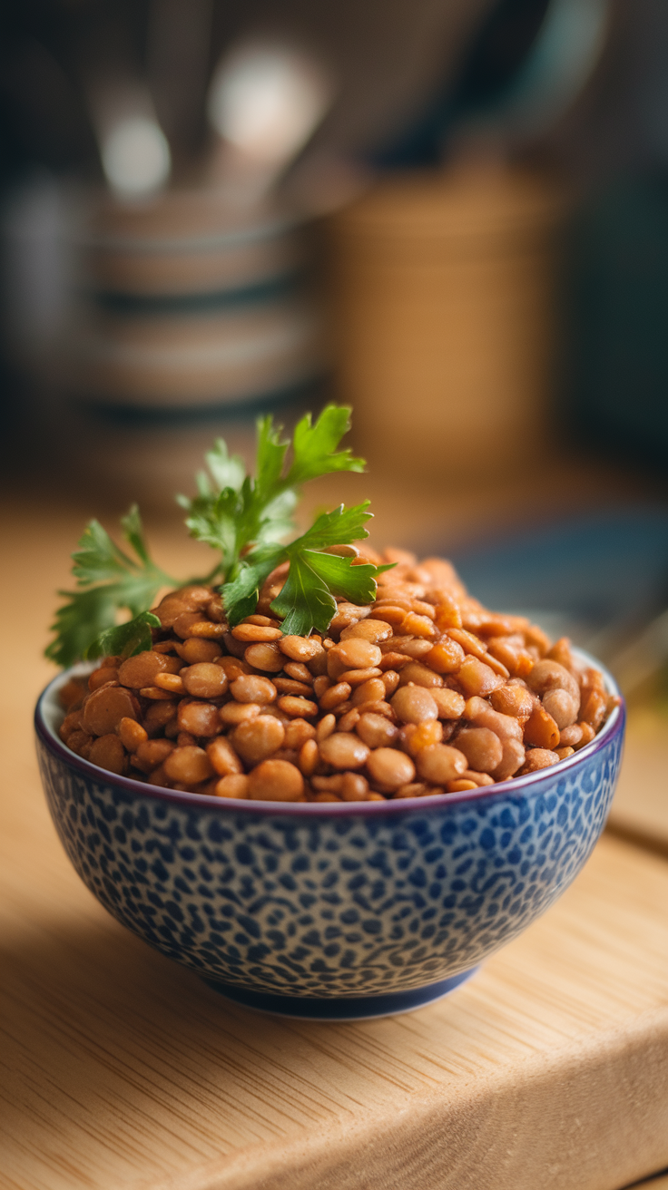 A bowl of cooked lentils garnished with fresh parsley on a wooden surface.