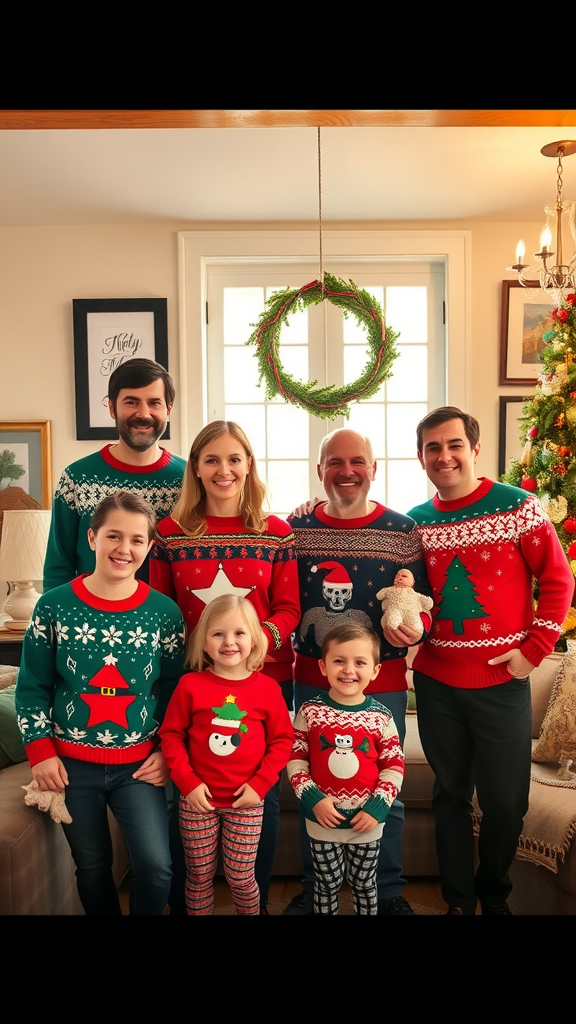 A family wearing matching Christmas sweaters, smiling for the camera in a cozy living room decorated for the holidays.