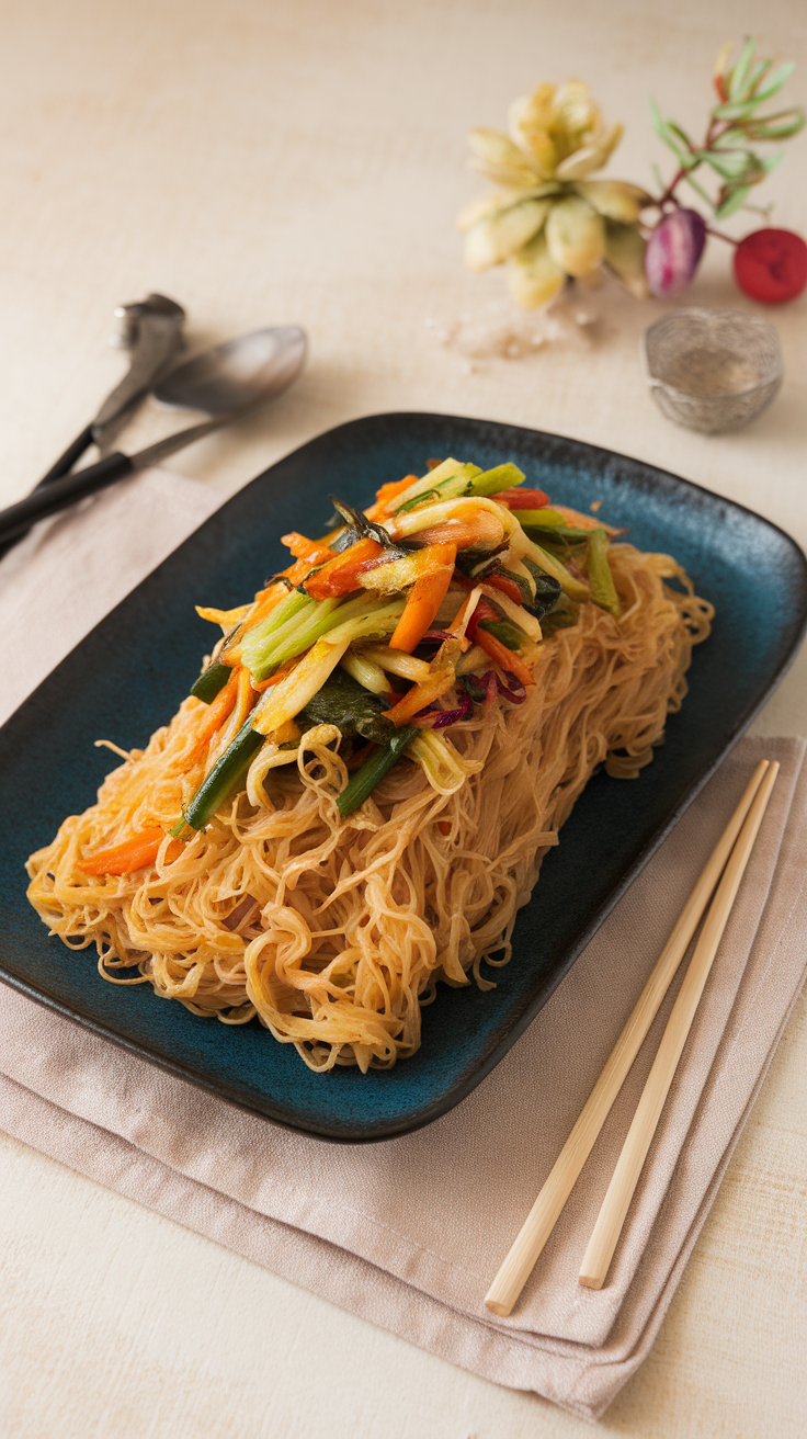 A plate of noodles topped with colorful vegetables.