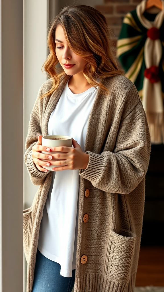 A woman in an oversized beige cardigan holding a cup of coffee, standing by a window.