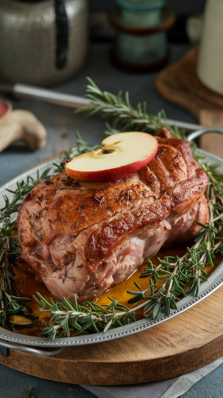 A beautifully cooked pork roast garnished with fresh rosemary and a slice of apple.