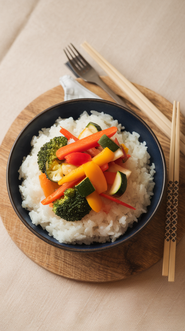 Bowl of rice topped with colorful vegetables on a wooden plate