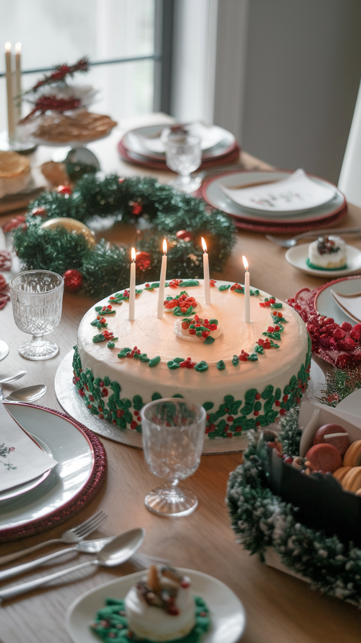 A beautifully decorated round cake with festive decorations and candles on a dining table.