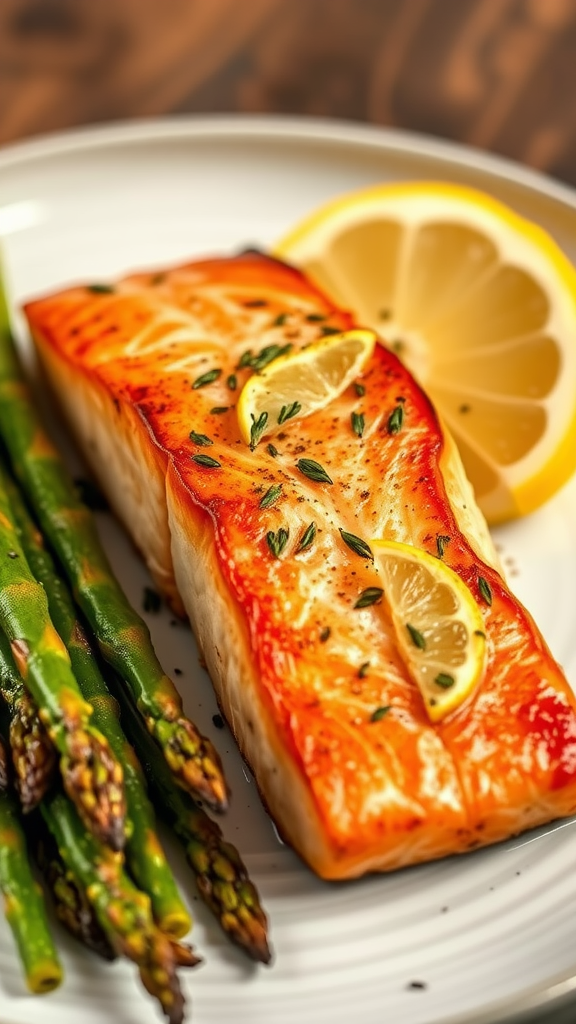 A plate featuring a portion of salmon with lemon slices and asparagus.