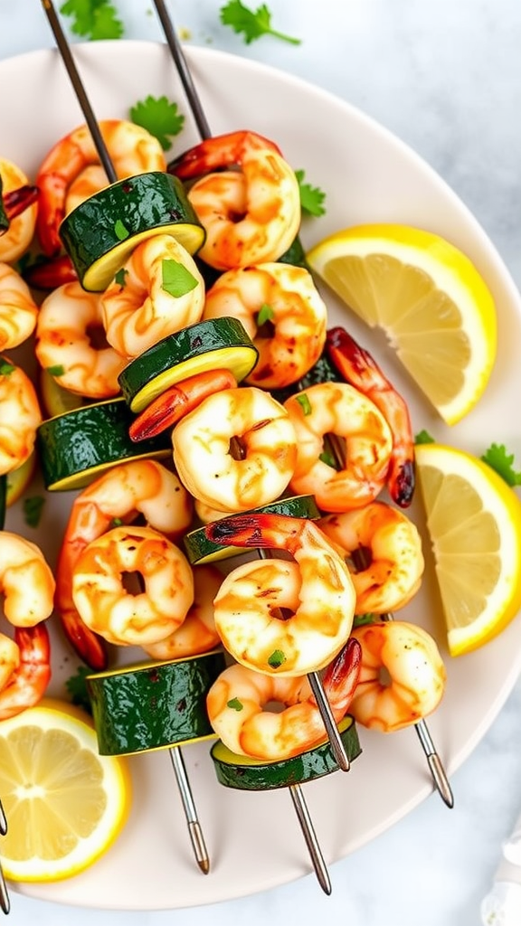 Shrimp and zucchini skewers with lemon slices on a plate