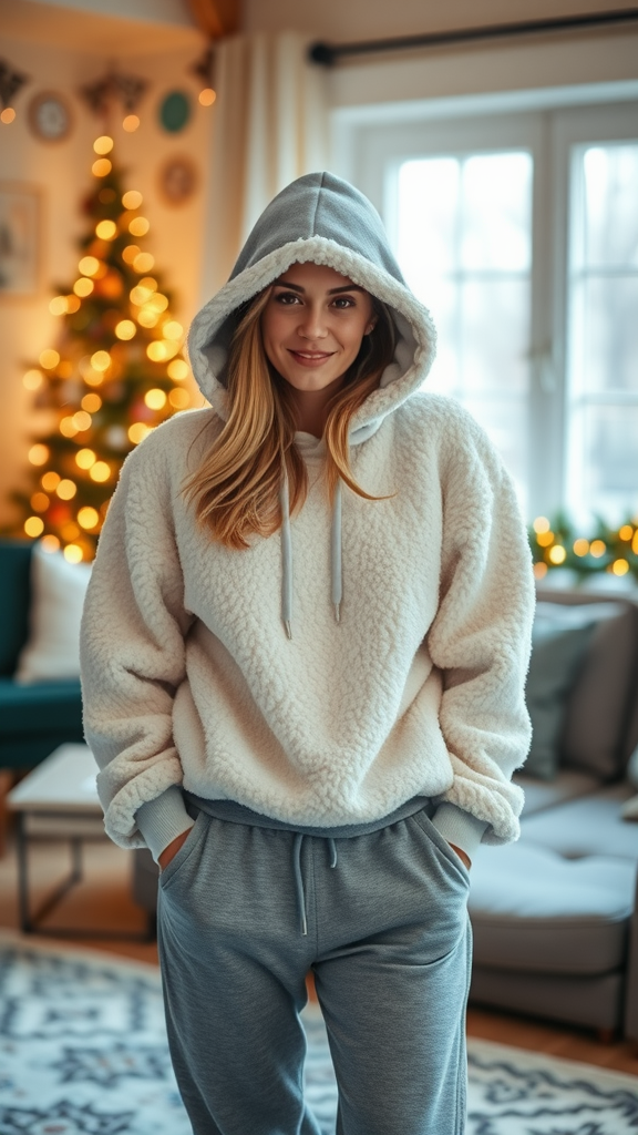 A woman wearing a cozy sherpa hoodie and joggers in a decorated living room with a Christmas tree.