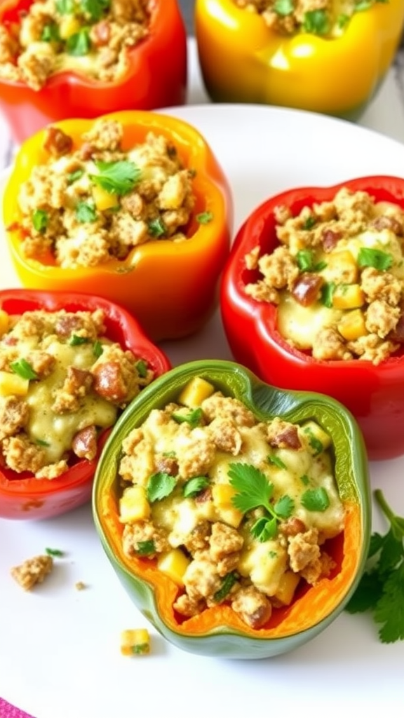 A plate of colorful stuffed bell peppers filled with a savory mixture.