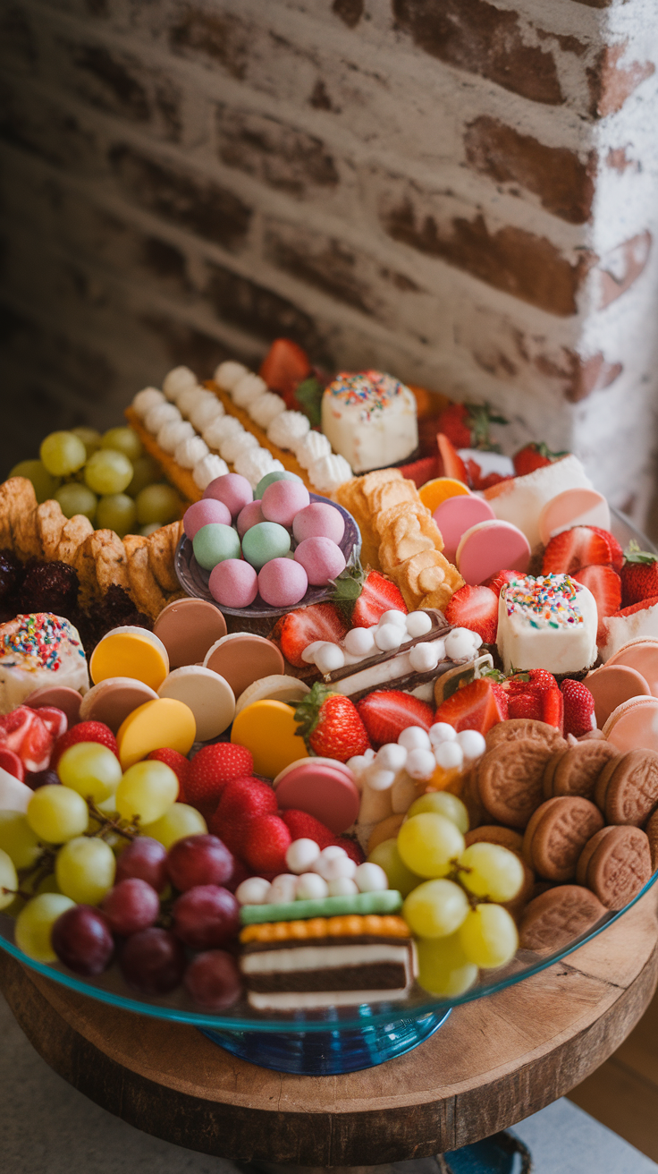 A vibrant display of assorted sweets, fruits, and candies on a glass platter.