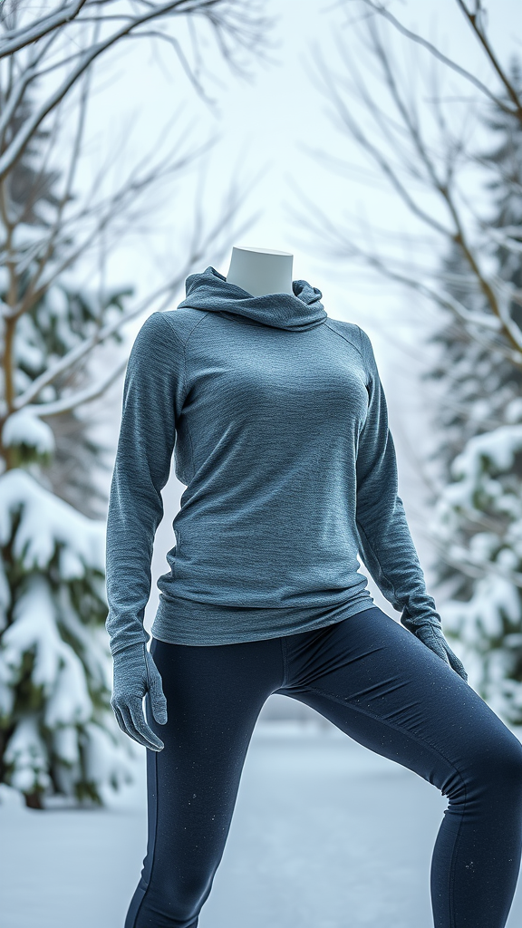 A thermal top paired with fleece-lined leggings against a snowy backdrop.