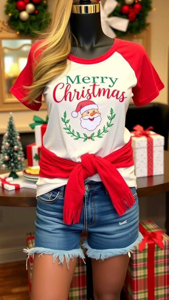 A woman wearing a Merry Christmas graphic tee with a beanie and sunglasses, surrounded by Christmas decorations.