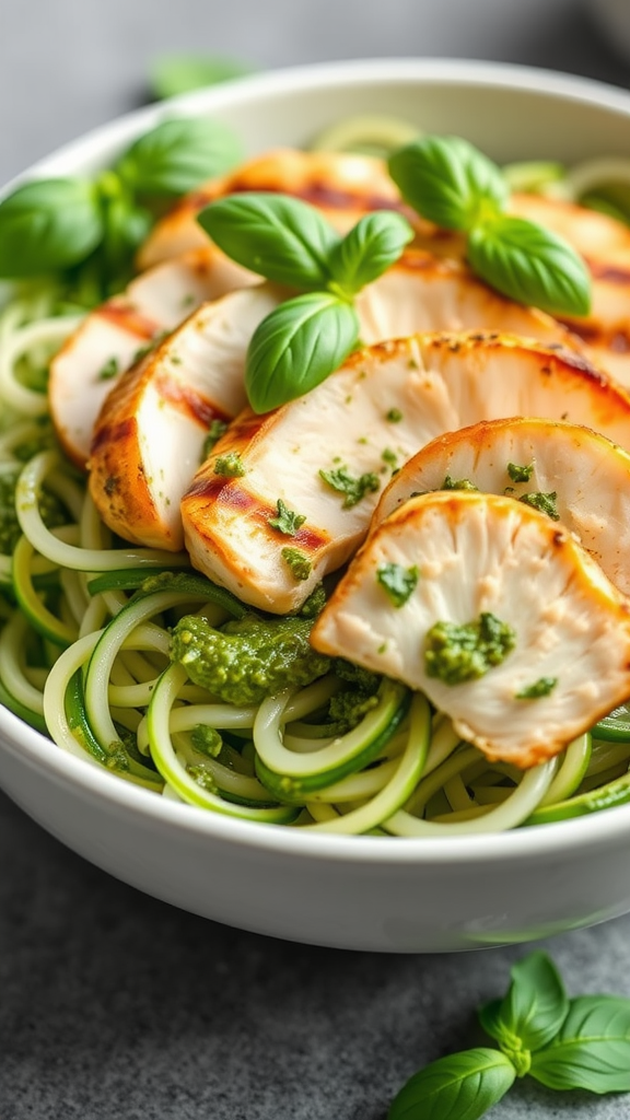 A bowl of zucchini noodles topped with pesto and slices of grilled chicken, garnished with fresh basil.