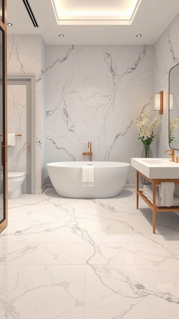 A modern bathroom featuring high-end looking marble tiles, a freestanding tub, and stylish fixtures.